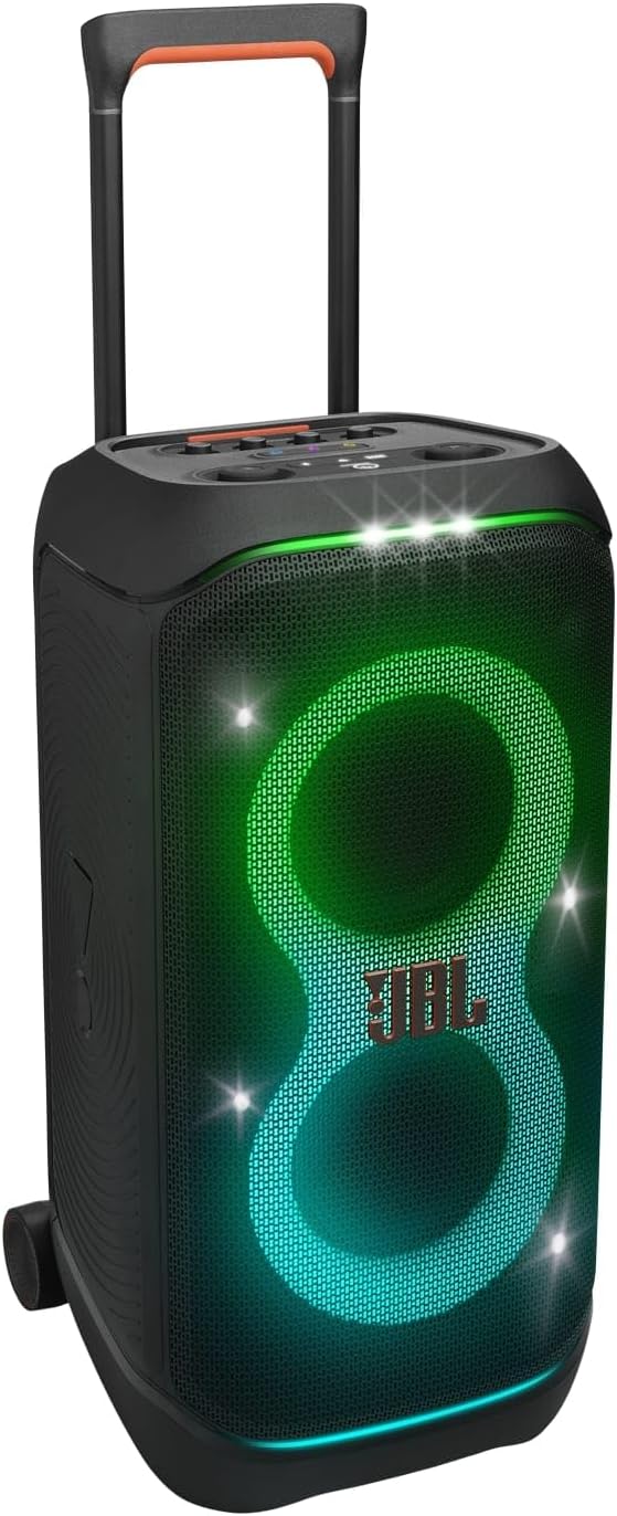 PartyBox Stage 320 Portable Bluetooth Party Speaker with Wheels and Telescopic Handle, JBL Pro Sound, Splashproof Design, Light Show, AI Sound Boost, 18-Hour Playtime, Black
