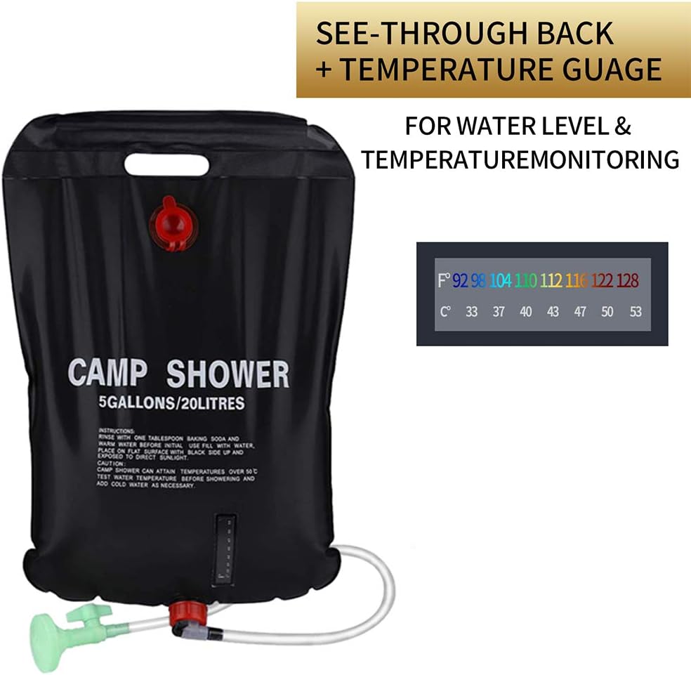Camping Solar Shower Bag 5 gallons/20L Solar Heating Bag with On-Off Switchable Shower Head and Removable Hose for Outdoor Traveling Hiking (Black)