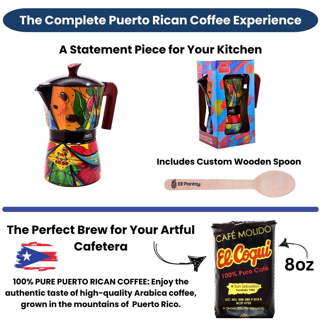 Puerto Rico Greca de Cafe Geschenkset Boricua Art by Joshua Montes Kaffeekanne Mokkakanne Café El Coqui Holzlöffel Cafetera 6 Espressotassen