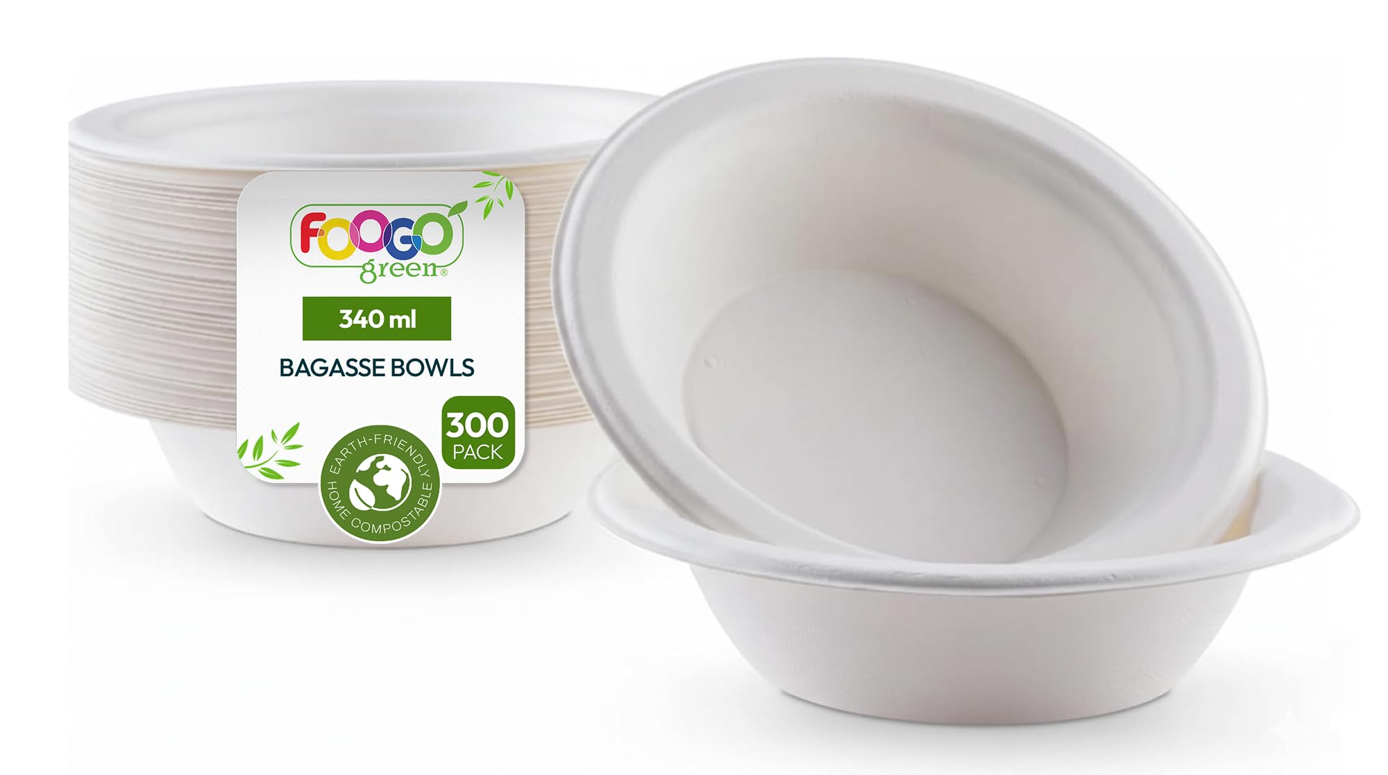 FOOGO Green 300 Disposable Sugarcane Bagasse Bowls, Medium 12oz (340ml), 6"(15cm), for Soup, Salad & Desserts, EcoFriendly, Biodegradable Party, Like Bamboo, Wooden & Sturdy Paper Bowls for Hot Food