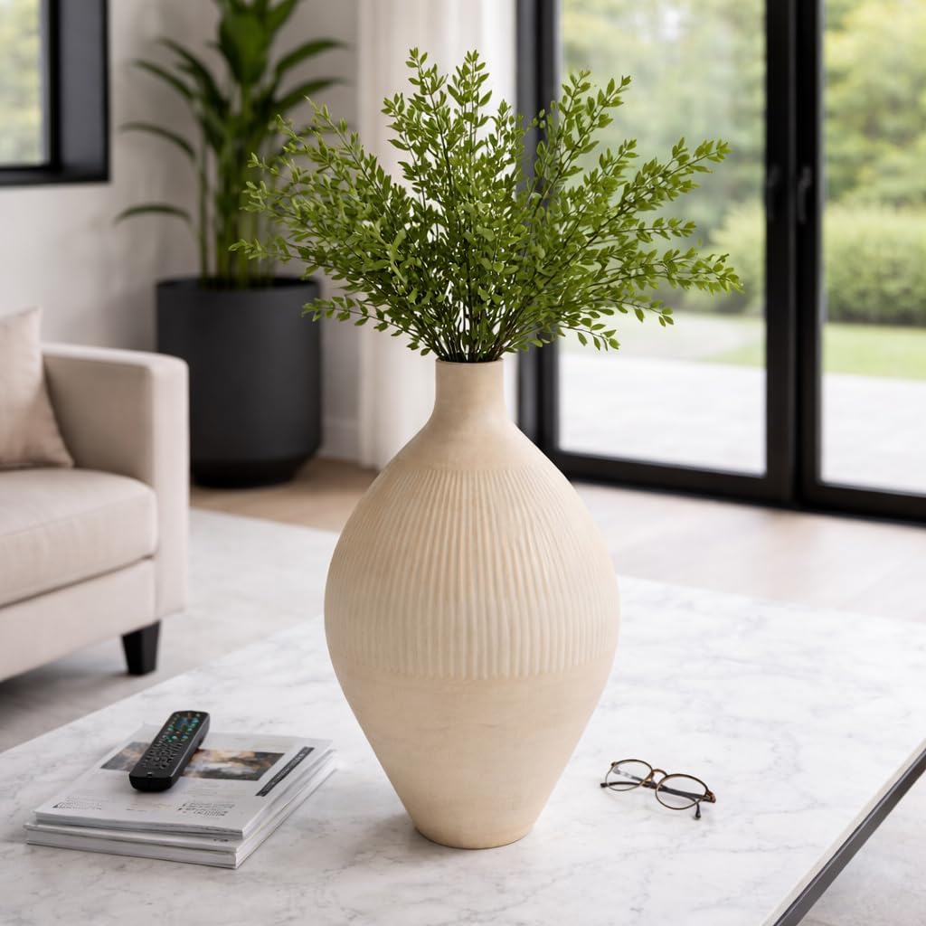 Textured Glass Vase for Living Room Decor Display - Warm Home Decor Accents with Soft Vertical Ribbing - Decorative Flower Vase for Room, Bedroom, House, Office, and Table Styling - 19", Ivory & Tan