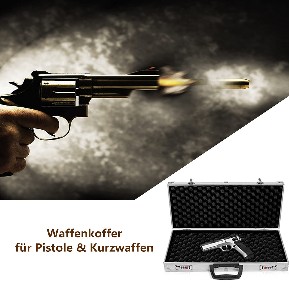 RELAX4LIFE Waffenkoffer für Pistole & Kurzwaffen, Gewehrkoffer mit 2 Zahlenschlössern, Pistolenkoffer mit Griff, Jagdkoffer mit Innenfutter aus Schaumstoff, ABS & Aluminium, 47 x 25 x 8,3 cm, Silber
