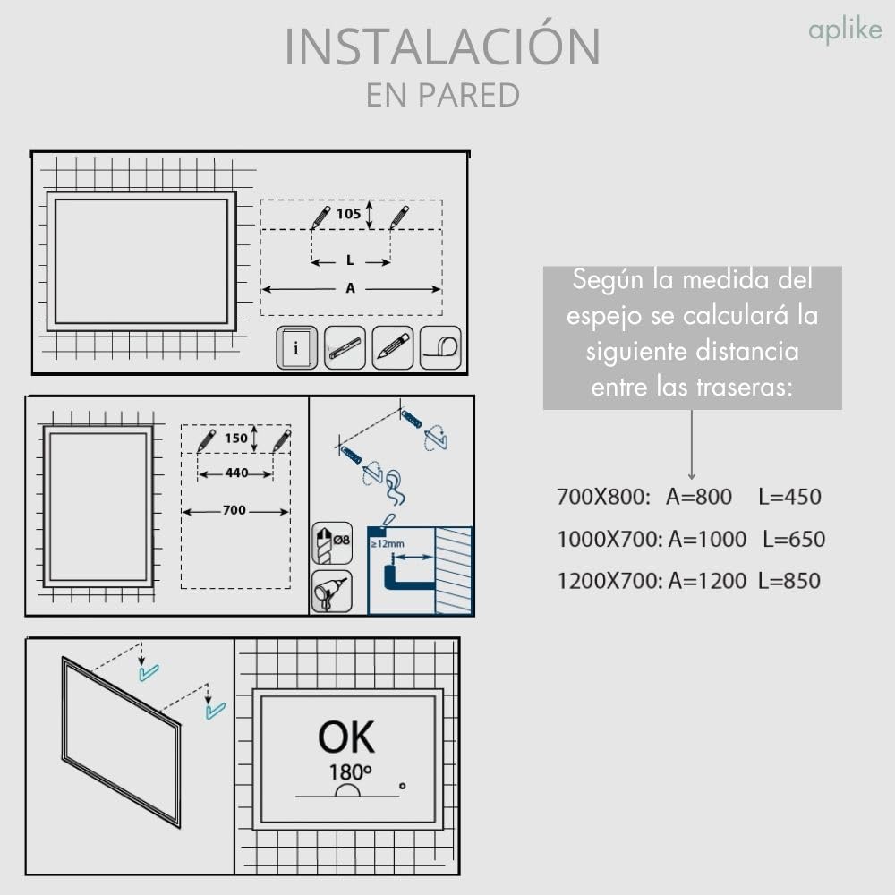 Aplike - Espejo de Baño Rectangular con Luz LED - Función AntiVaho - Luz Blanca Neutra (4000K) - 100 x 70cm | Modelo Altea S2