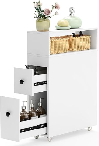 Tangkula Slim Bathroom Storage Cabinet, Movable Narrow Toilet Side Cabinet w/2 Slide Out Drawers, 2 Rattan Baskets & Shelves, Toilet Paper Holder on