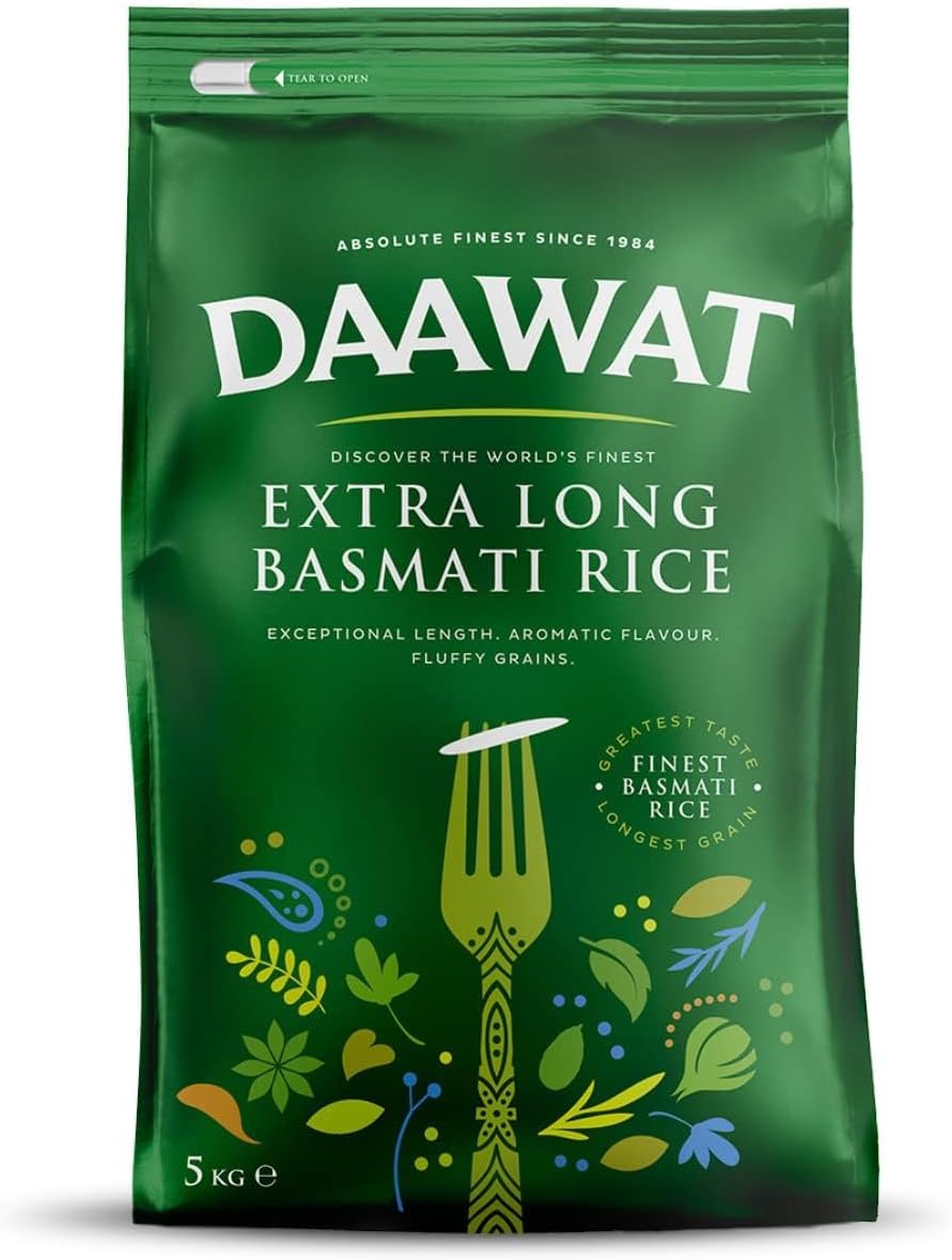 Daawat Extra Long Basmati Rice with Exceptional Length, Aromatic Flavour, Fluffy Grains, Elongates up to 24mm when Cooked, Non-Sticky and Ideal for all types of Dishes - 5Kg