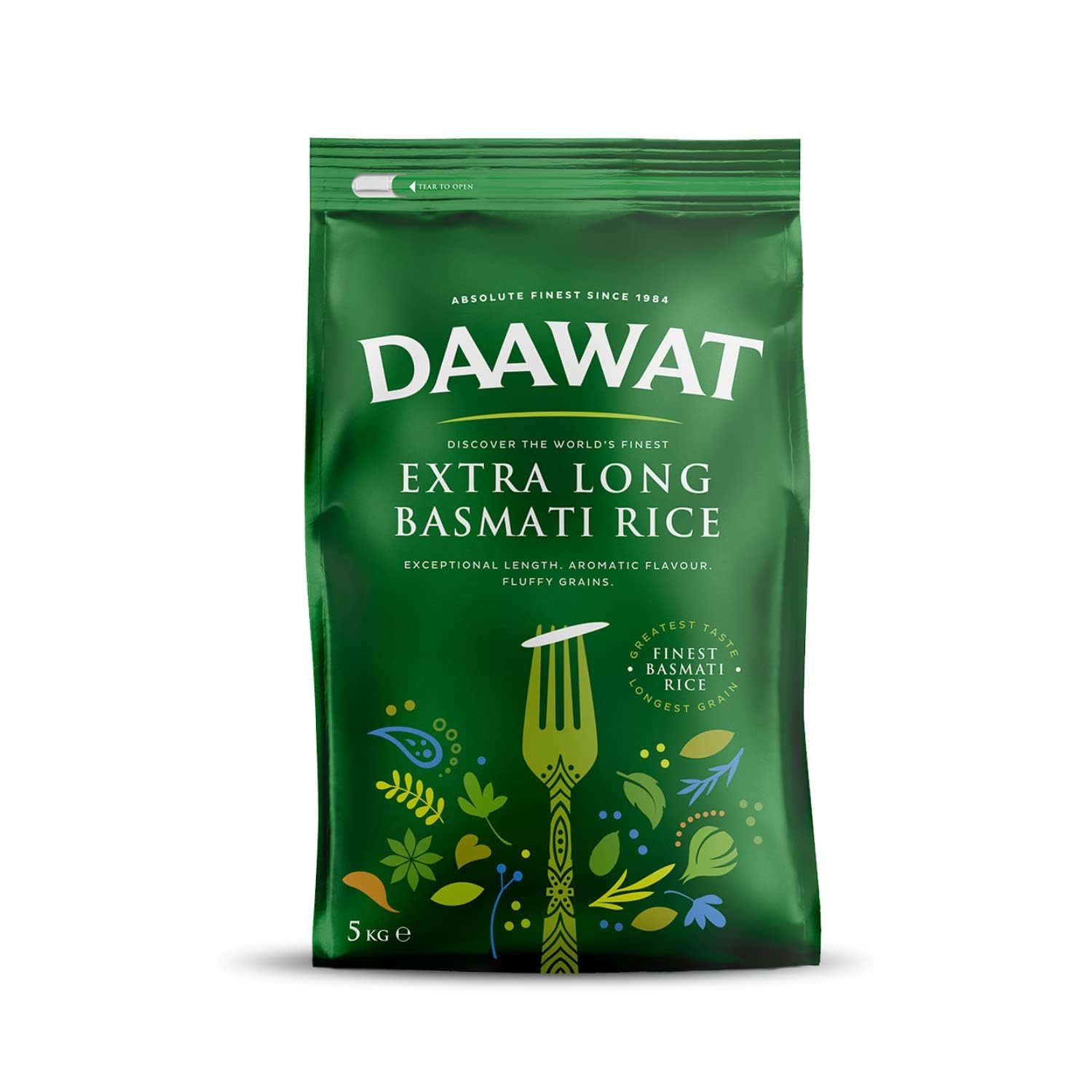 Daawat Extra Long Basmati Rice with Exceptional Length, Aromatic Flavour, Fluffy Grains, Elongates up to 24mm when Cooked, Non-Sticky and Ideal for all types of Dishes - 5Kg