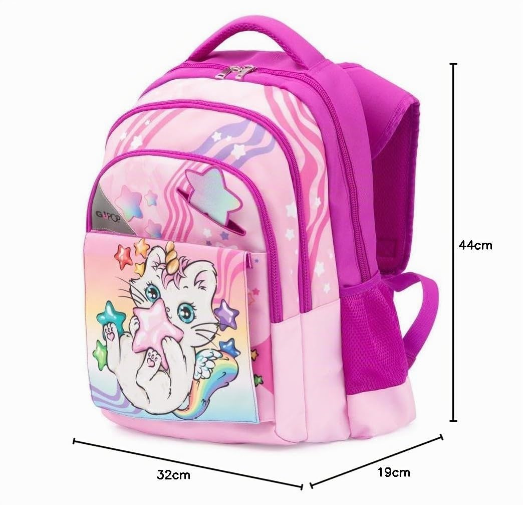 Go Pop - Zaino Modello Meowcorn, 3 Scomparti,Tasche Interne E Laterali Porta Borraccia, Schienale E Spallacci Imbottiti, Con Fascia Personalizzata E Pop Up, Lt 24, Dim 32x44x19, Scuola Elementare