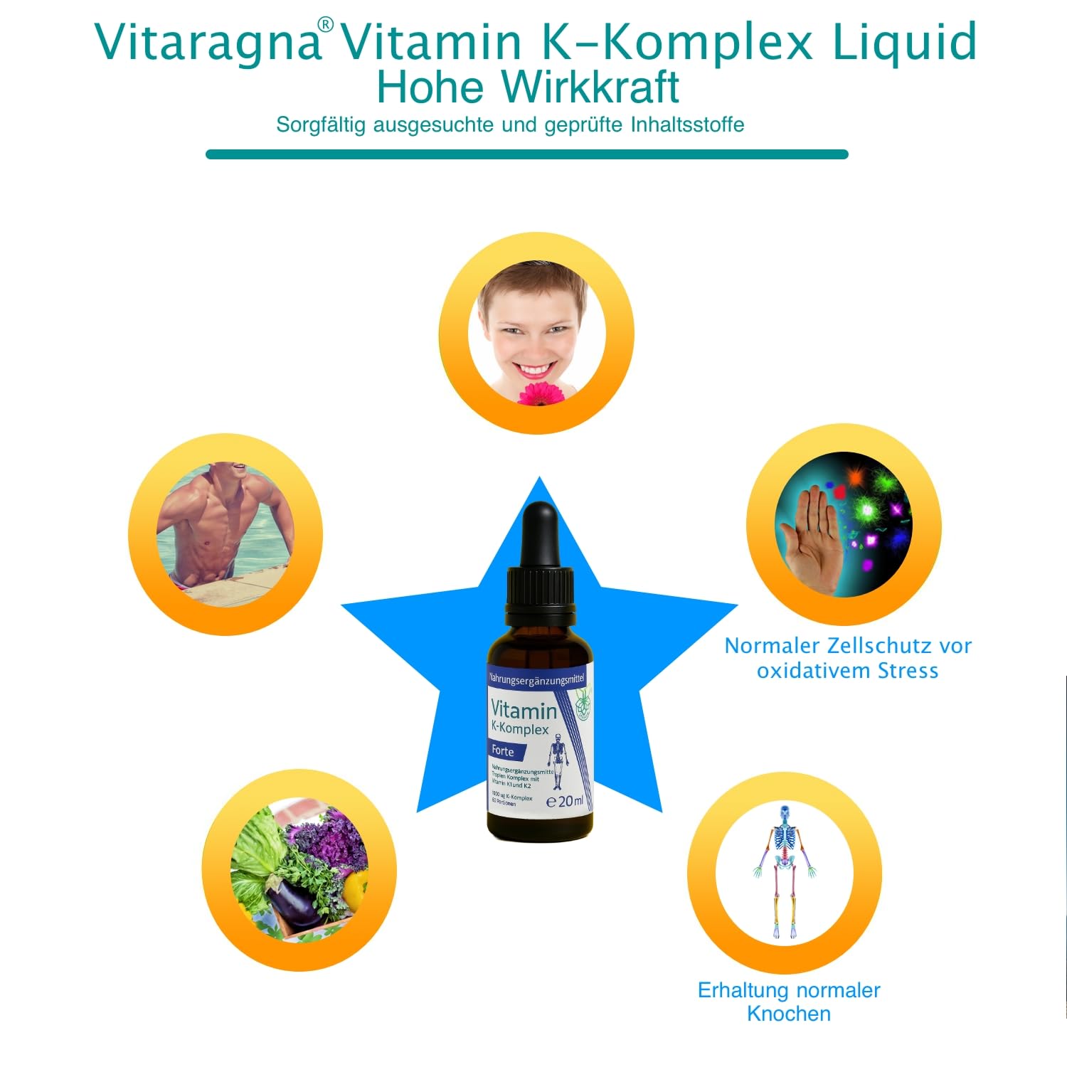 Vitamin K2 Forte Tropfen flüssig, K1 und K2 K-Komplex - Menaquinon MK7, hochdosiertes Liquid in MCT-Öl gelöst und bioaktiver MK-7-Form, 20 ml