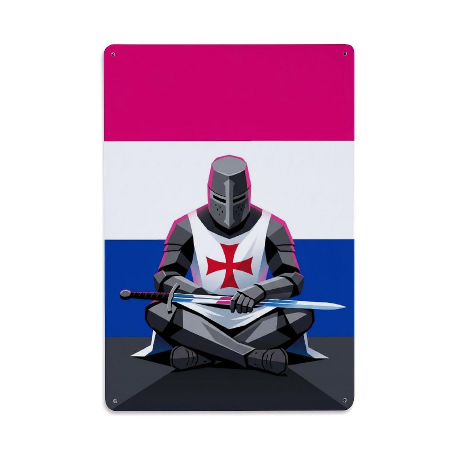 Olhnbad Style Seated Guard Medieval Crusader Armour Minimalist Metal Tin Sign
