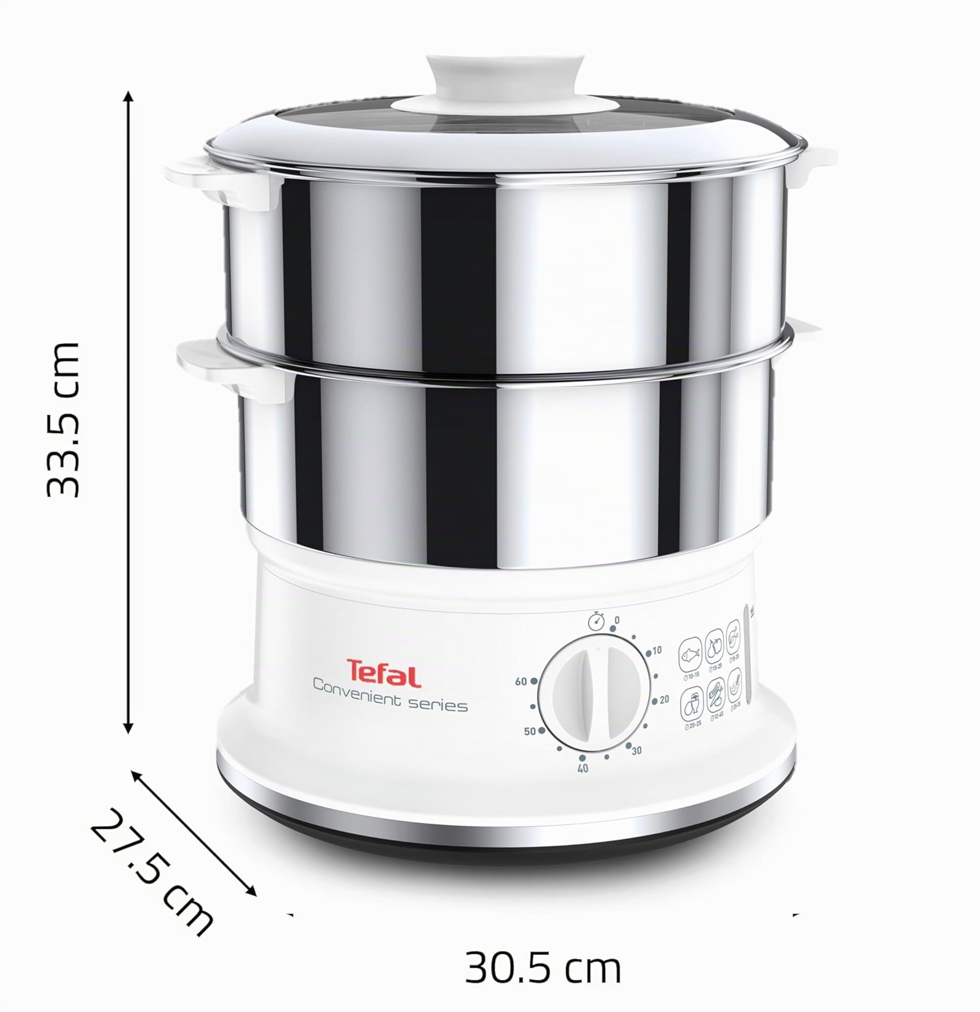 Tefal, Cuiseur vapeur, Cuisson saine, Bols en acier inoxydable, Empilables, Minuterie, Arrêt automatique, Pièces lavables au lave-vaisselle, Convenient Series, VC145130