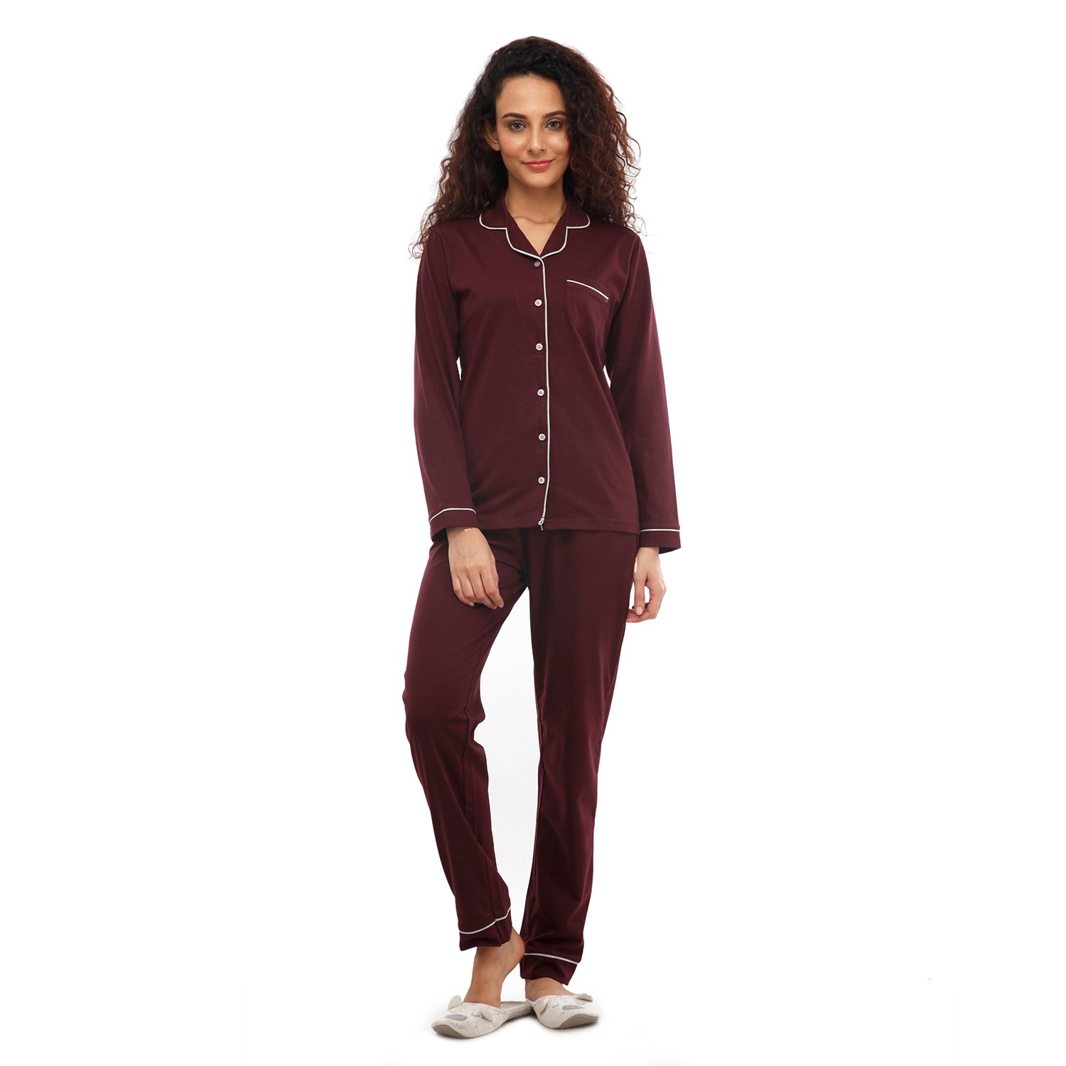 nite flite Women Sangria Wine 100% Cotton Nightwear Full Sleeve | Top and Pyjama Set (Sangria Wine, M)-picture-47