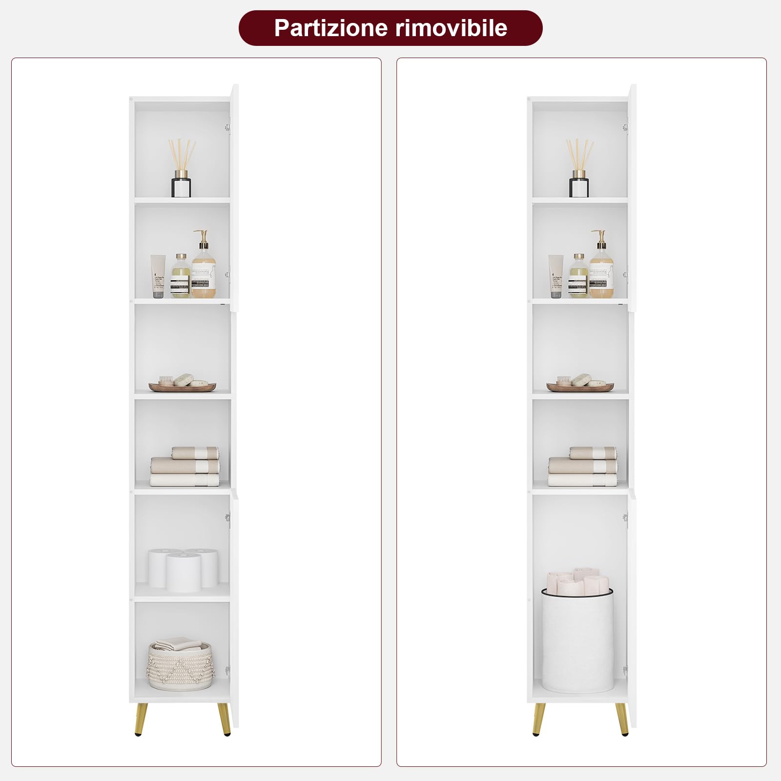 eSituro Mobile da Bagno Alto, Mobile da Bagno con Scomparti Aperti con 2 Ante, Ripiano Regolabile, Gambe in Metallo Dorato, Bianco, 30x28x180 cm