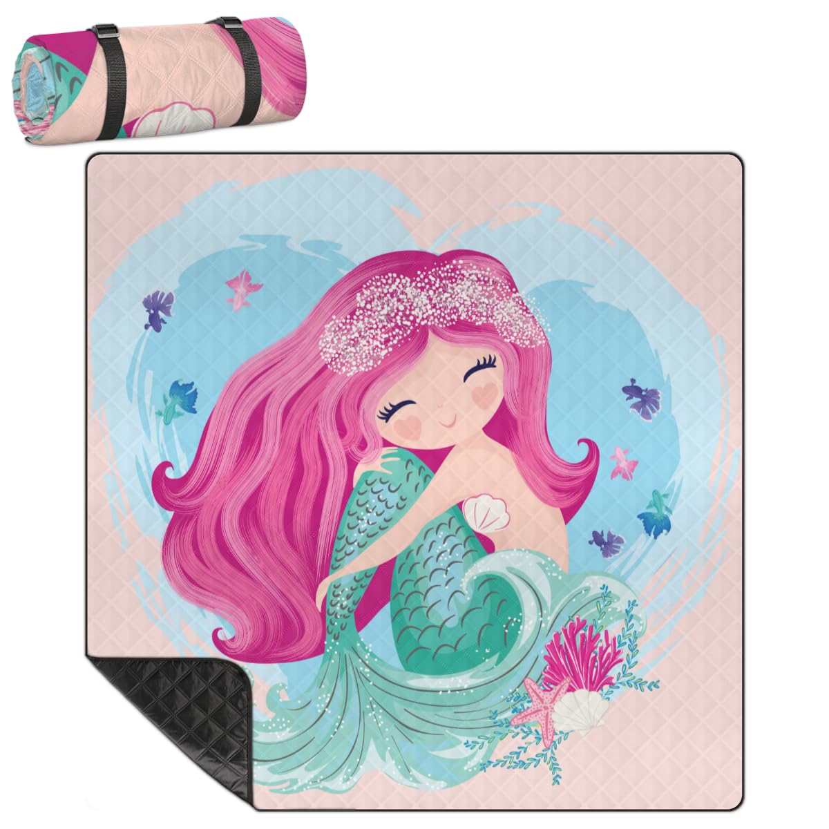 Shimoshe Extra Large Picnic Blankets 79”x 79”, Mermaid Pattern Waterproof Foldable Picnic Mat with Straps Portable Beach Blanket for Camping Park Grass Beach Indoor