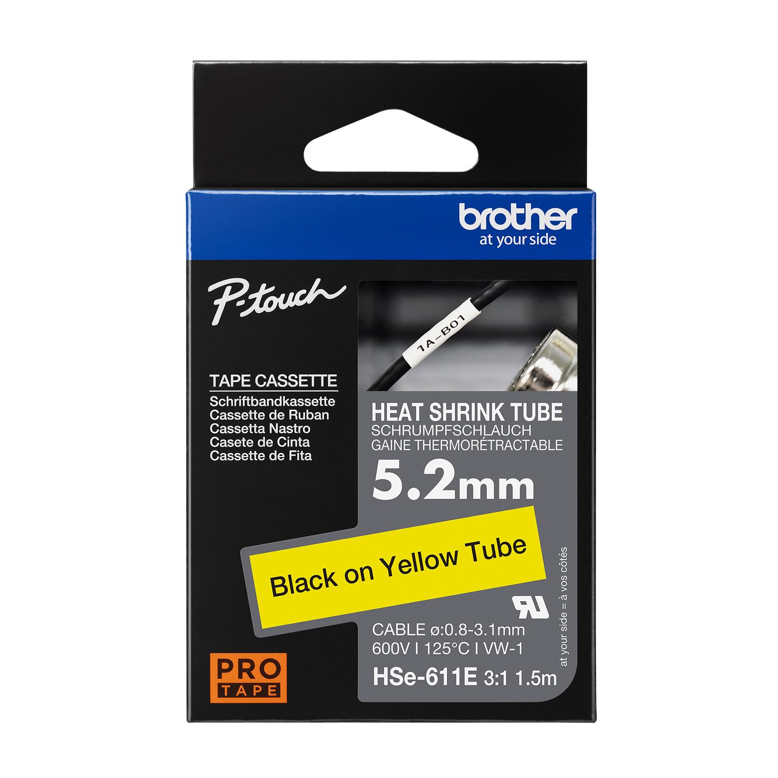 Brother Genuine Pro Tape HSe-611E Heat Shrink Tubing - Black on Yellow