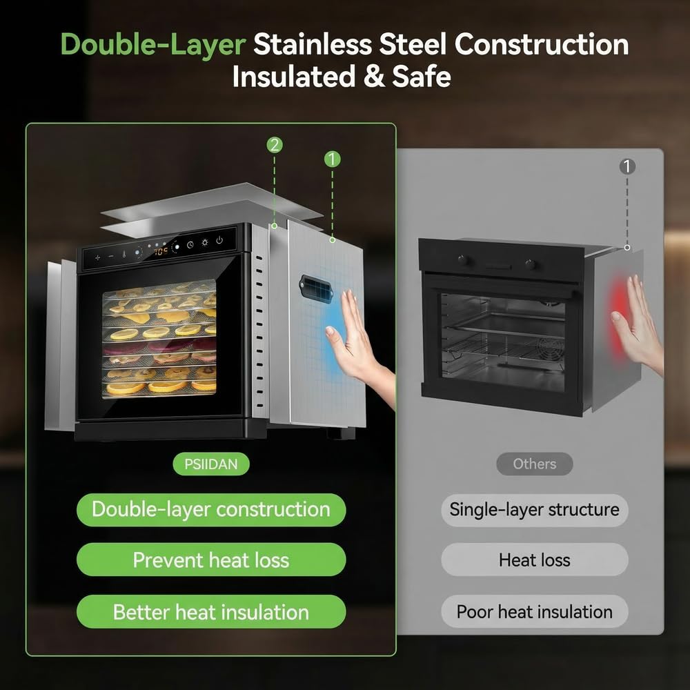 Deshidratador de alimentos con 6 bandejas espacio de secado de 3.6ft²Bandejas de acero inoxidable de 400W Secado rápido(86°F-194°F) Ideal para cecina,golosinas para perros,hierbas,carne,frutas