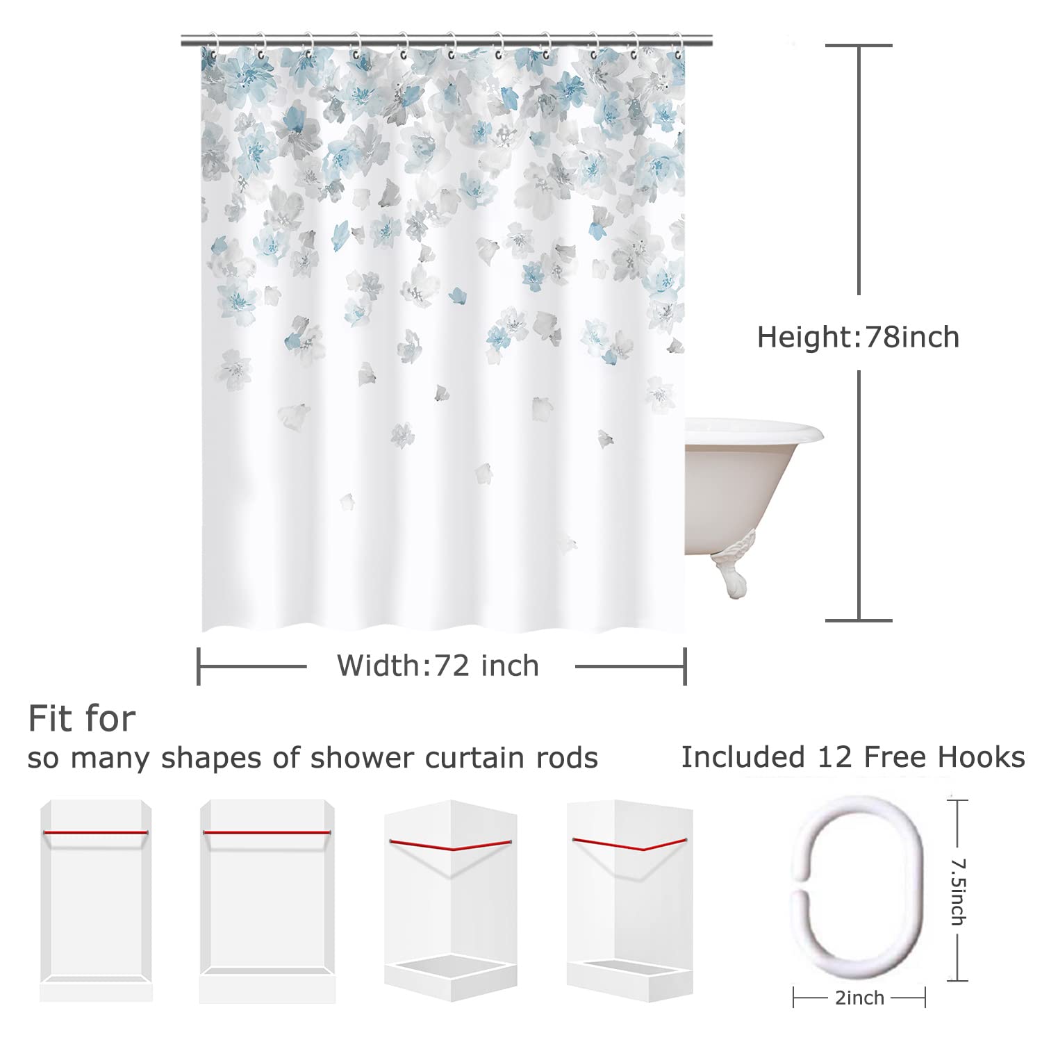 LIVILAN Cortina de ducha floral azul púrpura con 12 ganchos, cortina de ducha impermeable con flores para baño, decoración azul púrpura floral