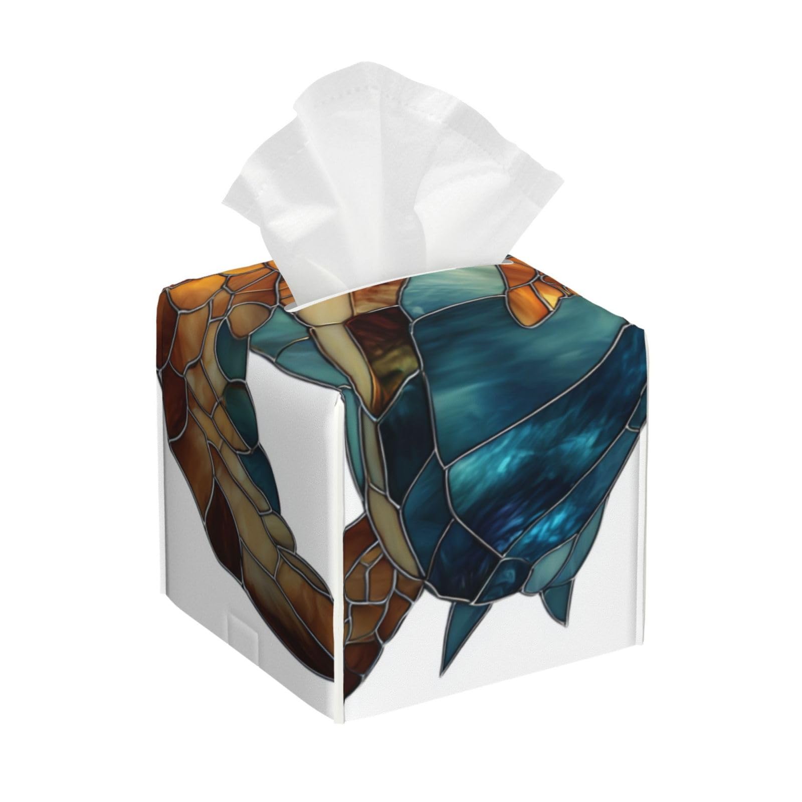 Stained Glass Two Cute Sea Turtle Tissue Box Cover Square Pu Leather Waterproof Tissue Box Holder for Car Bathroom Bedroom Office Tabletop Decor