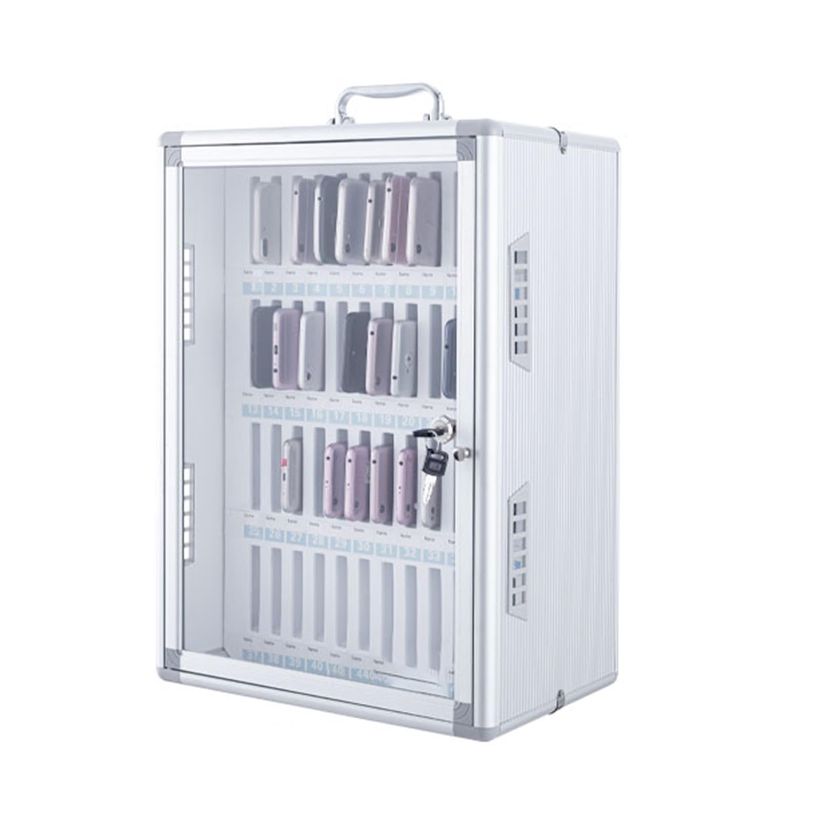 Scatola Porta Cellulare in Lega di Alluminio con Serratura e Maniglia - Organizer per cellulari da Parete, Supporto Sicuro per Telefono, 5 Scomparti sicuri e Resistenti per cellulari