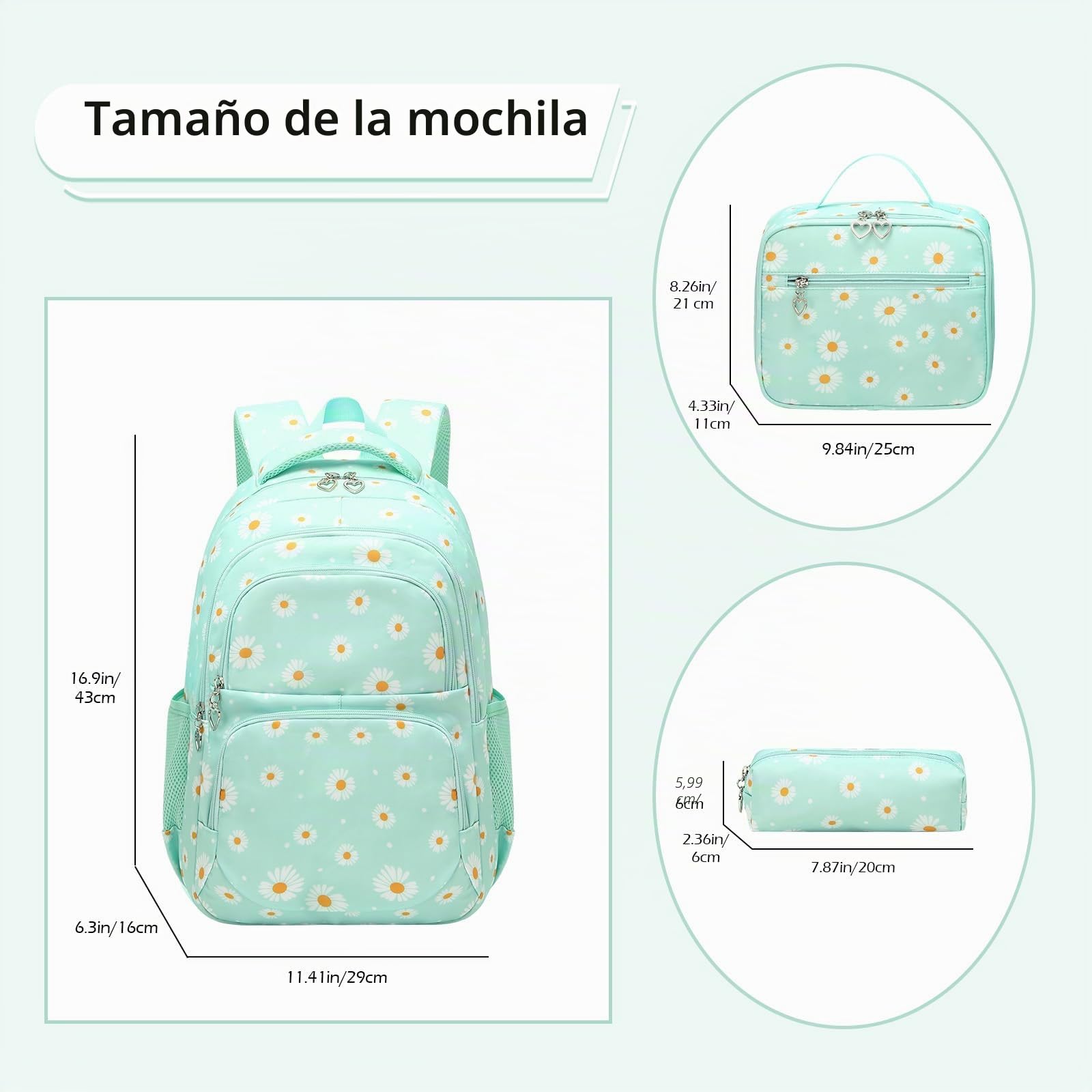 Juego de mochila escolar con estampado de margaritas, bolsa de almuerzo, estuche para lápices, 3 piezas, para adolescentes, niñas, niños, primaria, secundaria, resistente al agua, ligera