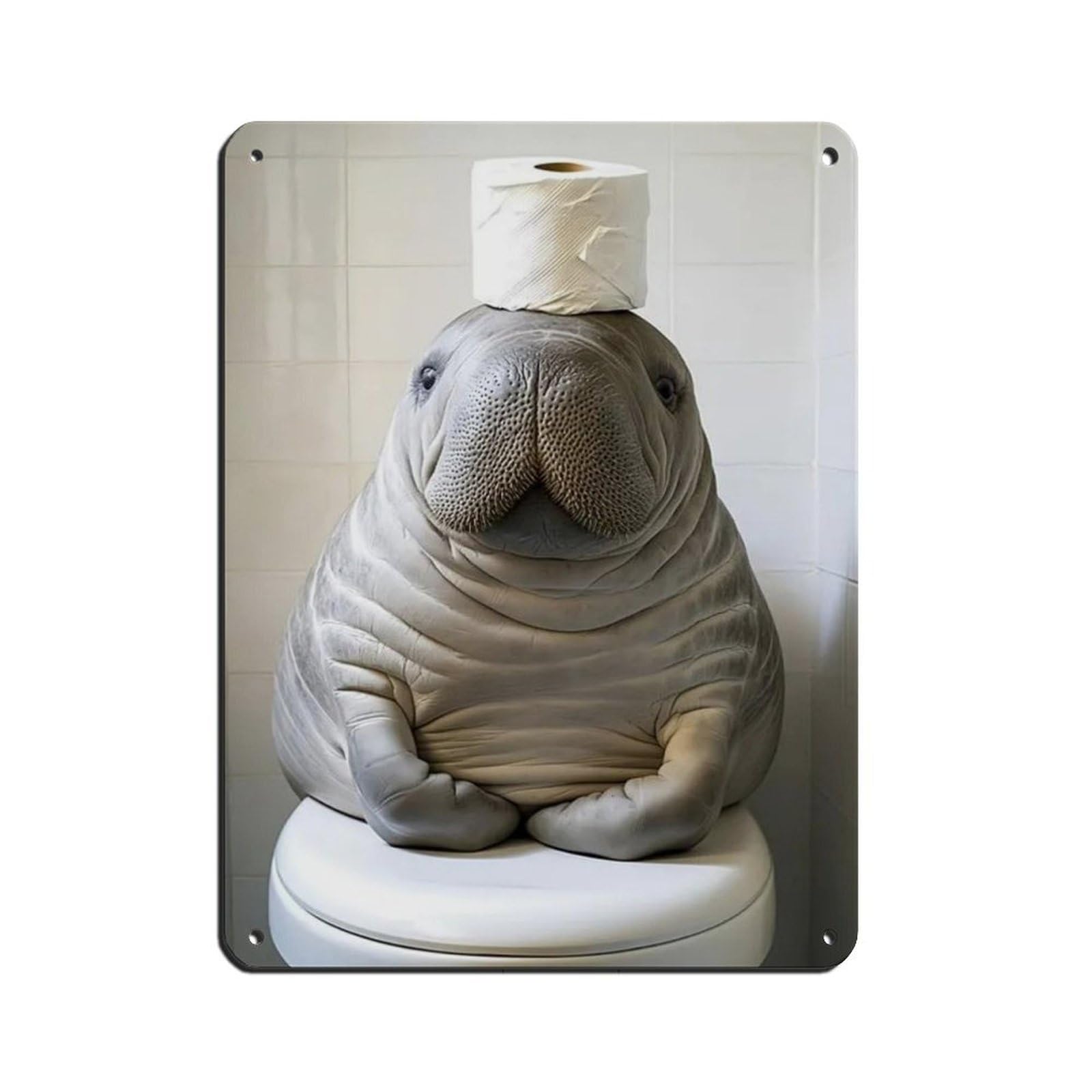 Manatee with A Toilet Paper Roll on Head Retro Poster Metal Tin Sign Chic Art Retro Iron Painting Bar People Cave Cafe Family Garage Poster Wall Decoration 12x16inch(30x40cm)