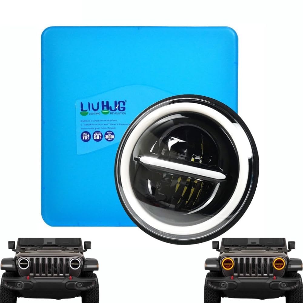 VMOTO LIU HJG 7 Inch LED Headlight Minus With Round Ring Angel Eye Compatible With Mahindra Thar, Wrangler, Royal Enfield Classic & Electra (Round With Minus DRL) 110W Round LED-image-42
