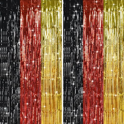 TONIFUL 2Pcs Black Red Gold Metallic Tinsel Foil Fringe Curtains Streamers