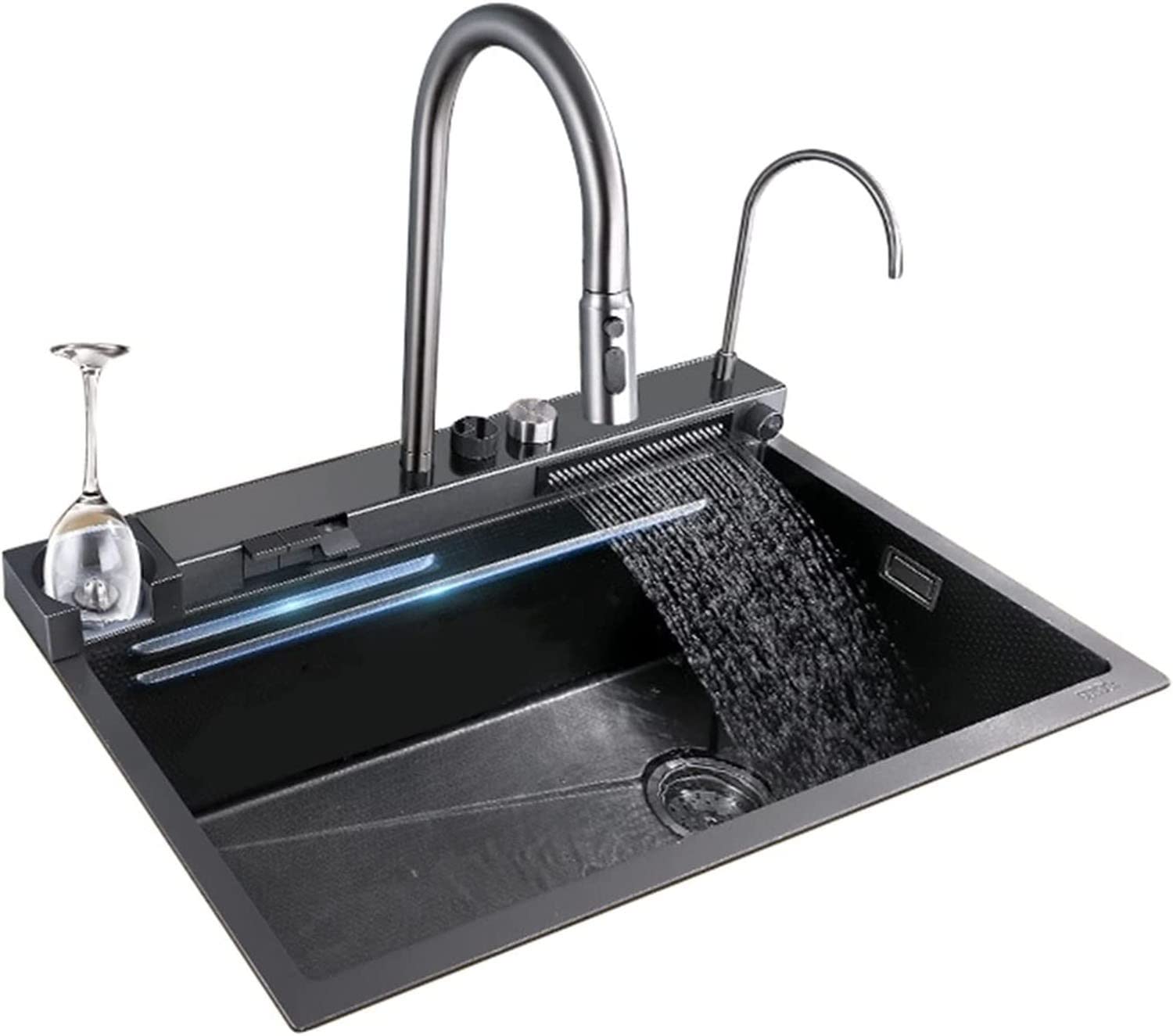 Évier cascade en acier inoxydable 304 noir avec mitigeur extractible 75x46cm