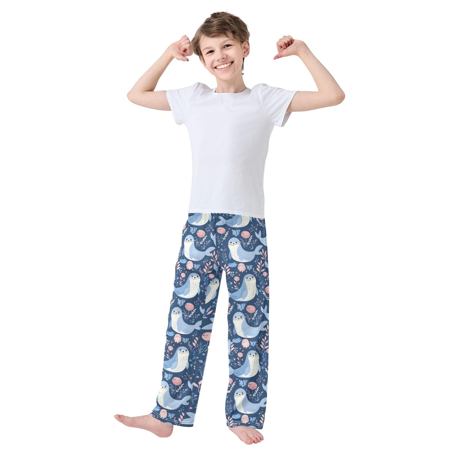 Süßes Seehund-Pyjamahose für Kinder, lang, weich, mit Taschen, für Jungen und Mädchen, Blau
