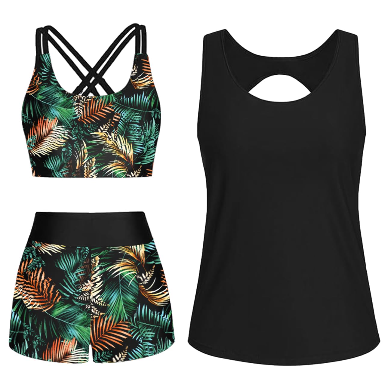 CheChury Maillot de Bain Tankini 3 Pièces pour Femme Haut Débardeur Ample Haut de Maillot Short Taille Haute Bretelles Réglables Imprimé AthléTique Ensemble Tankini