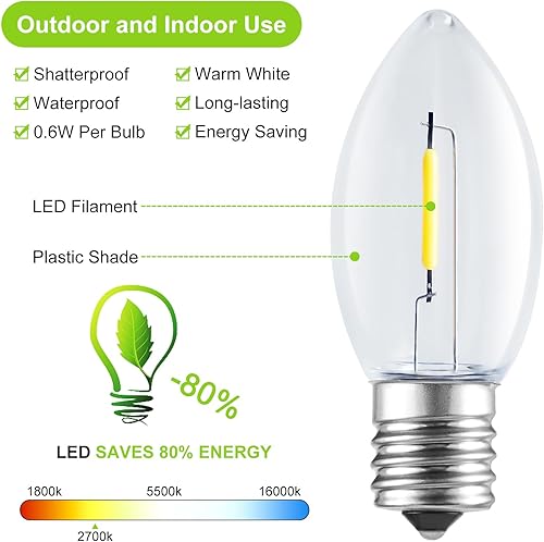 Miniatura 2 de Minetom Paquete de 50 bombillas LED C9 de Navidad, bombillas LED C9 inastillables de plástico transparente, repuesto para luces de cadena de