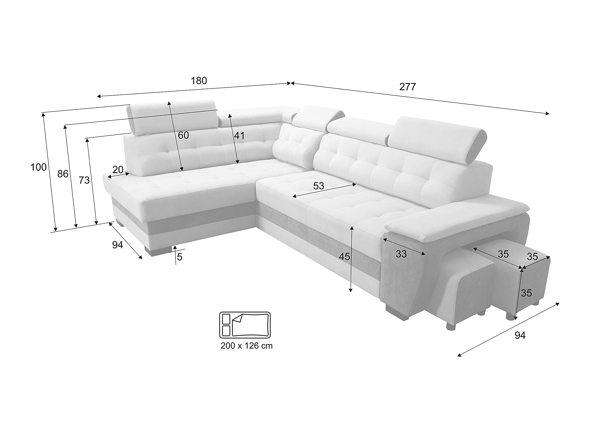 Robin Grand sofa narożna z funkcją spania, skrzynią na pościel, zagłówki, funkcja relaksu, 2 taborety, sofa w kształcie litery L, wolnostojąca, narożna, do spania, meble do salonu, zestaw wypoczynkowy | Sofa w kształcie litery L ze skrzynią na pościel, fu
