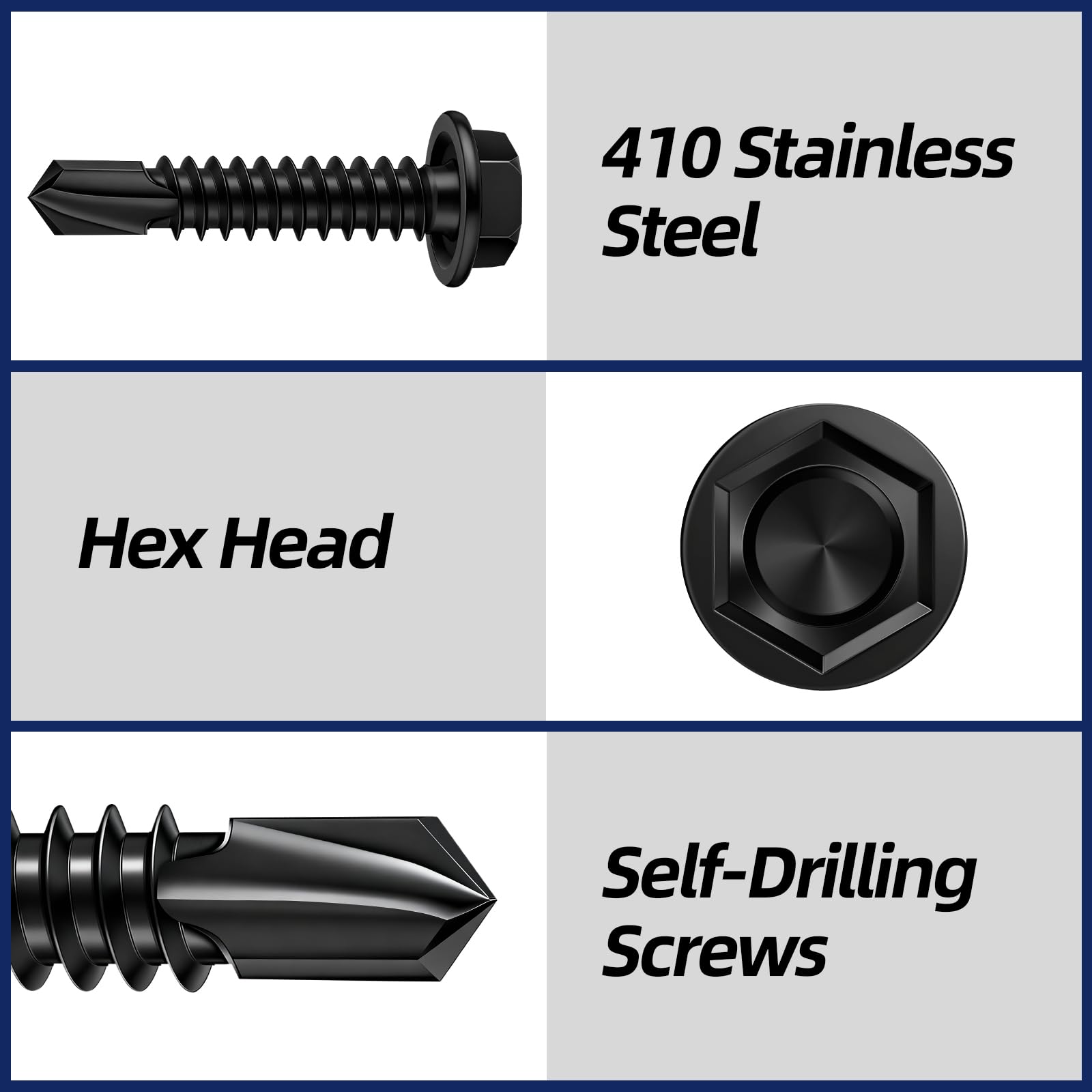 Tornillos Tek de chapa autoperforantes con punta de taladro, acero inoxidable 410, óxido negro, 50 unidades