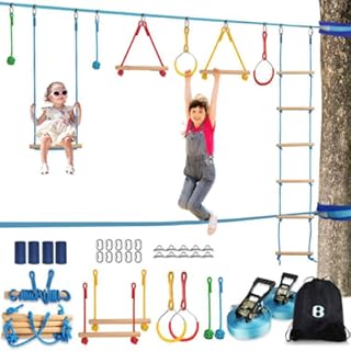 SUNCITY Ninja Warrior Obstacle Course Kit for Kids - 2 X 52' Slackline Zipline 37 PCS Hanging Monkey Bars Fists Gym Rings Swing Rope Ladder Portable Outdoor Toys Training Equipment Set for Backyard