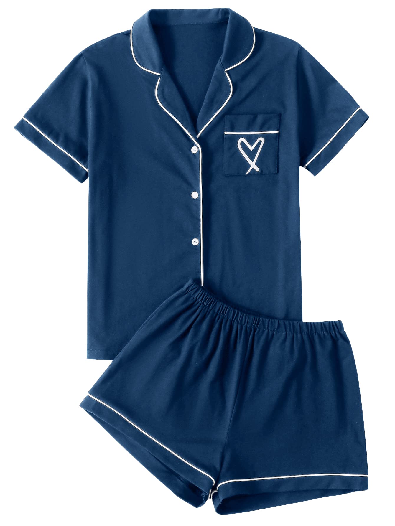 LYANER Women's Heart Print Pajama Set - Short Sleeve Button Shirt & Shorts Sleepwear, Comfy Lounge Set