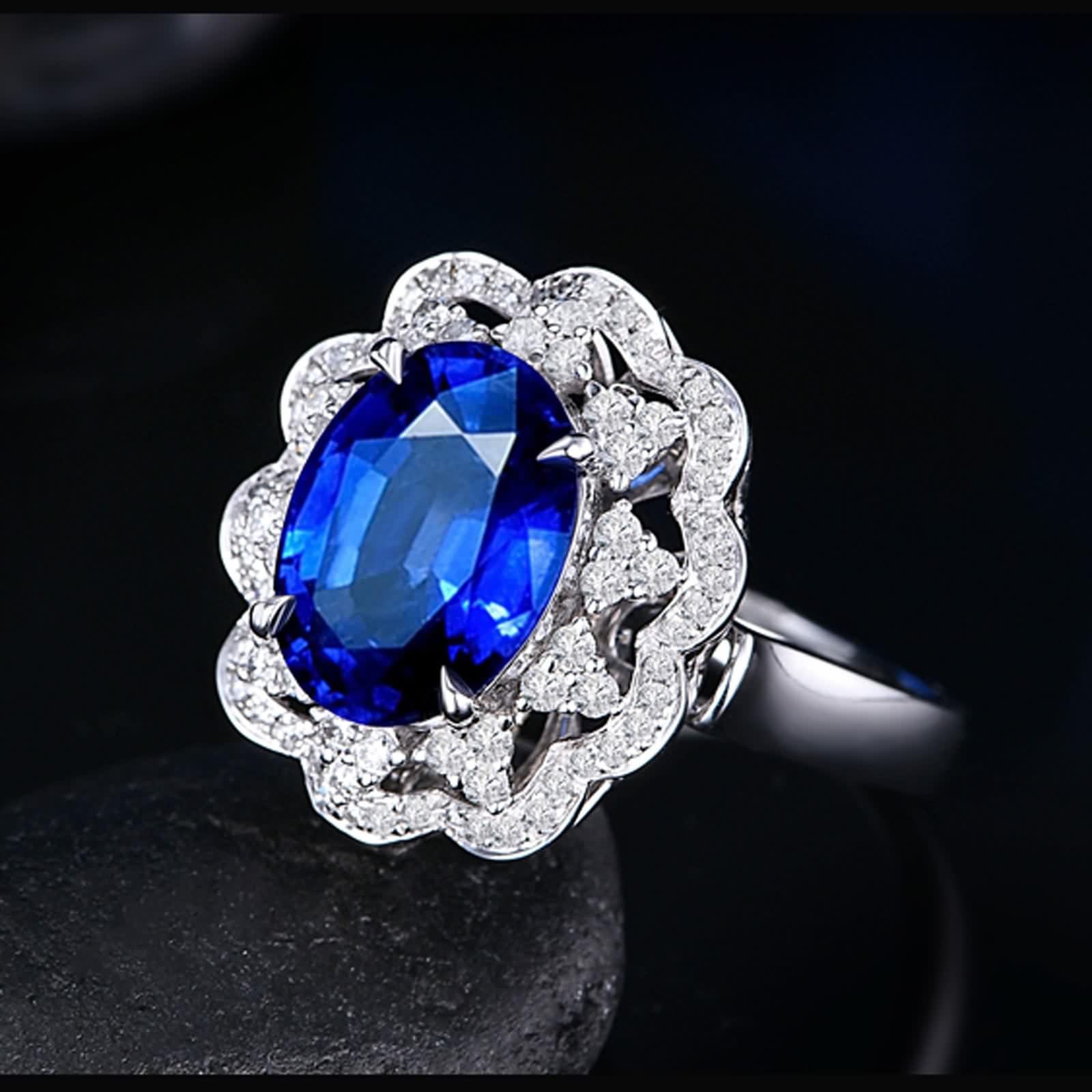 Anillo Oro Blanco, Alianzas Boda Vintage Flor de Lujo 18K Zafiro para Esposa Novia con Joyero