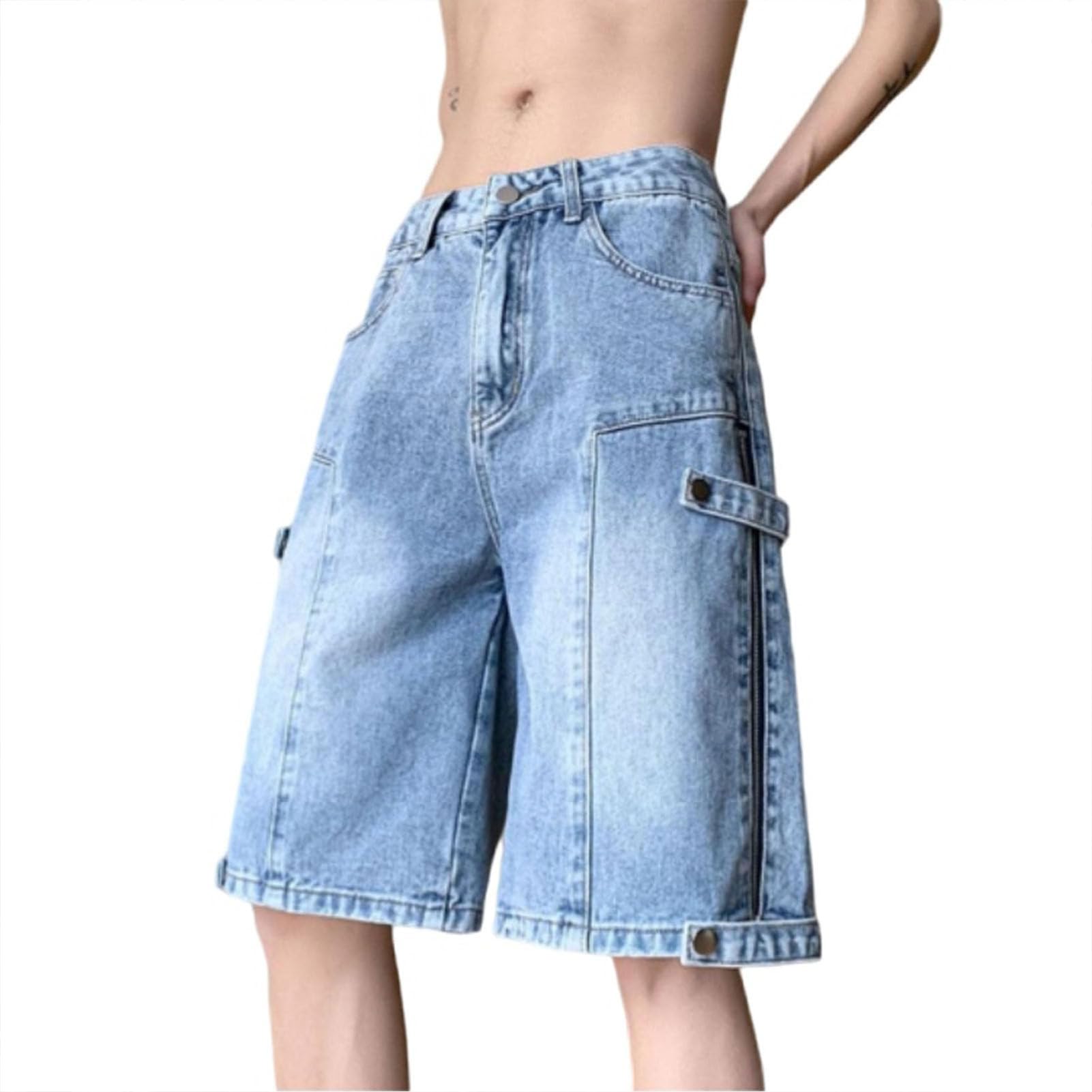 Y2K Pantaloncini in Denim da Uomo Hip Hop Baggy Shorts Jeans Streetwear Vintage con Cerniera Jorts, Blu, L