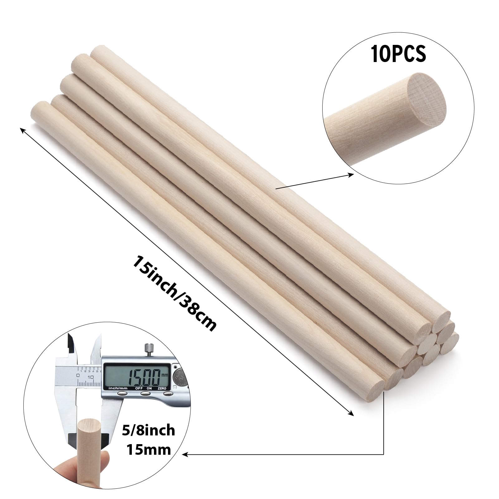 Wood Dowels Wooden Dowel Rods for Crafts 10 PCS 1.6 x 38cm Round Macrame Wooden Sticks Large Wood Rods for Crafting Unfinished Thick Hardwood Sticks for Arts and DIYers Wedding Ribbon Wands - Image 2