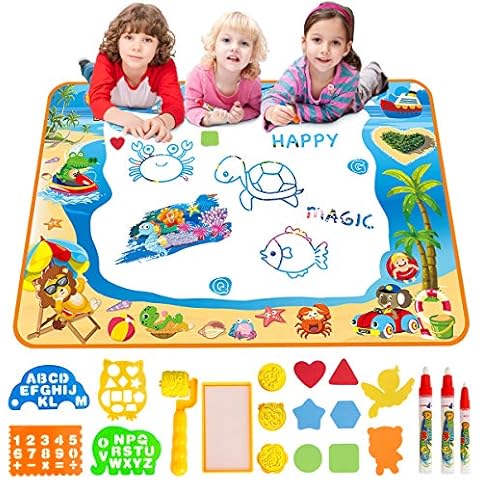 Water Doodle Mat Aqua Drawing Painting Mat Large 100 x 70cm Mess Free Learning Toys for 3 4 5 6 Year Old Boys Girls Toddlers Birthday Christmas Gift with 3 Magic Pens, Stamp Set Boys Girls Gift Toy Cover