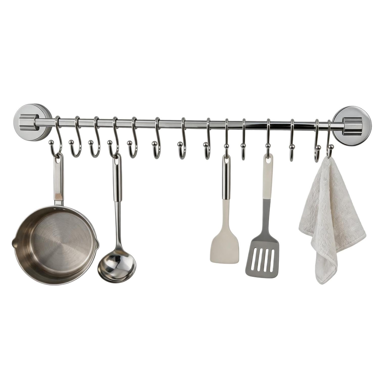 Barra con gancio da cucina con 12 ganci a S, montaggio a ventosa, organizer da parete senza foratura, capacità di carico 10 kg, per pentole e accessori, acciaio inossidabile argento (placcatura