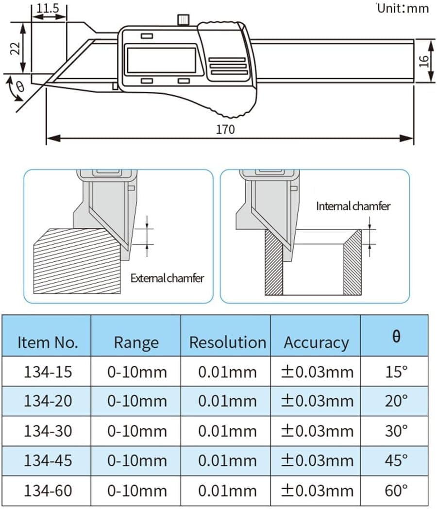 45 Degrés 0-10mm Jauge De Chanfrein Numérique en Acier Inoxydable Chanfreinage Vernier Outil De Mesure De Chanfrein électronique, 15°