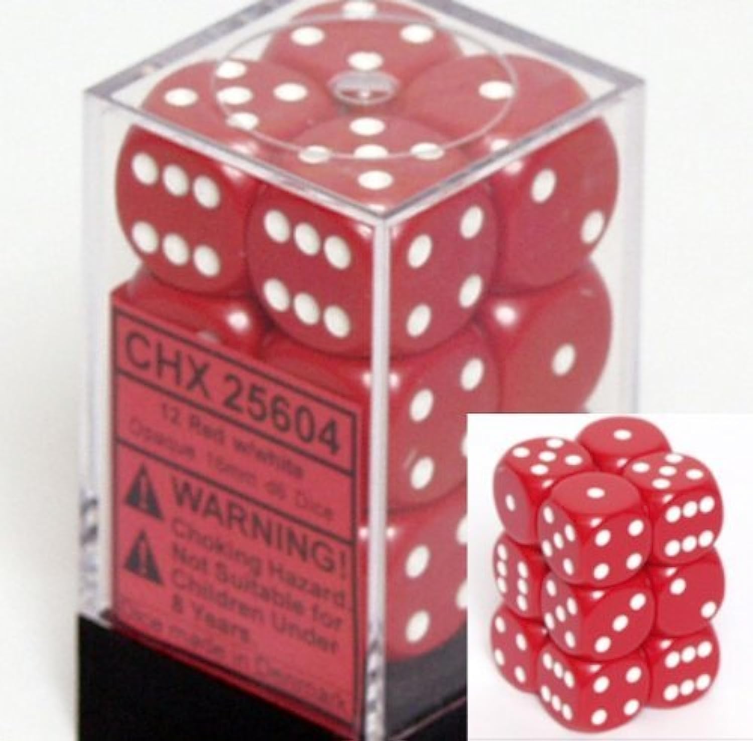 Dice D6 Sets: Opaque Red with White - 16Mm Six Sided Die (12) Block of Dice