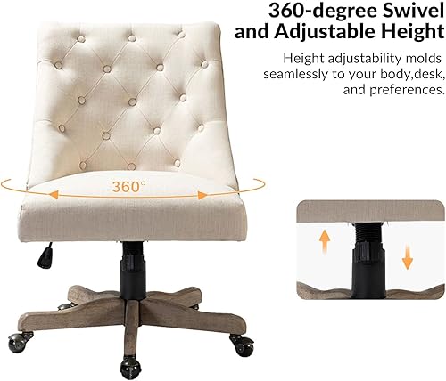 Miniatura 4 de Silla moderna de oficina en casa sin brazos, cómoda silla de escritorio tapizada con base de madera vintage, silla giratoria de altura ajustable