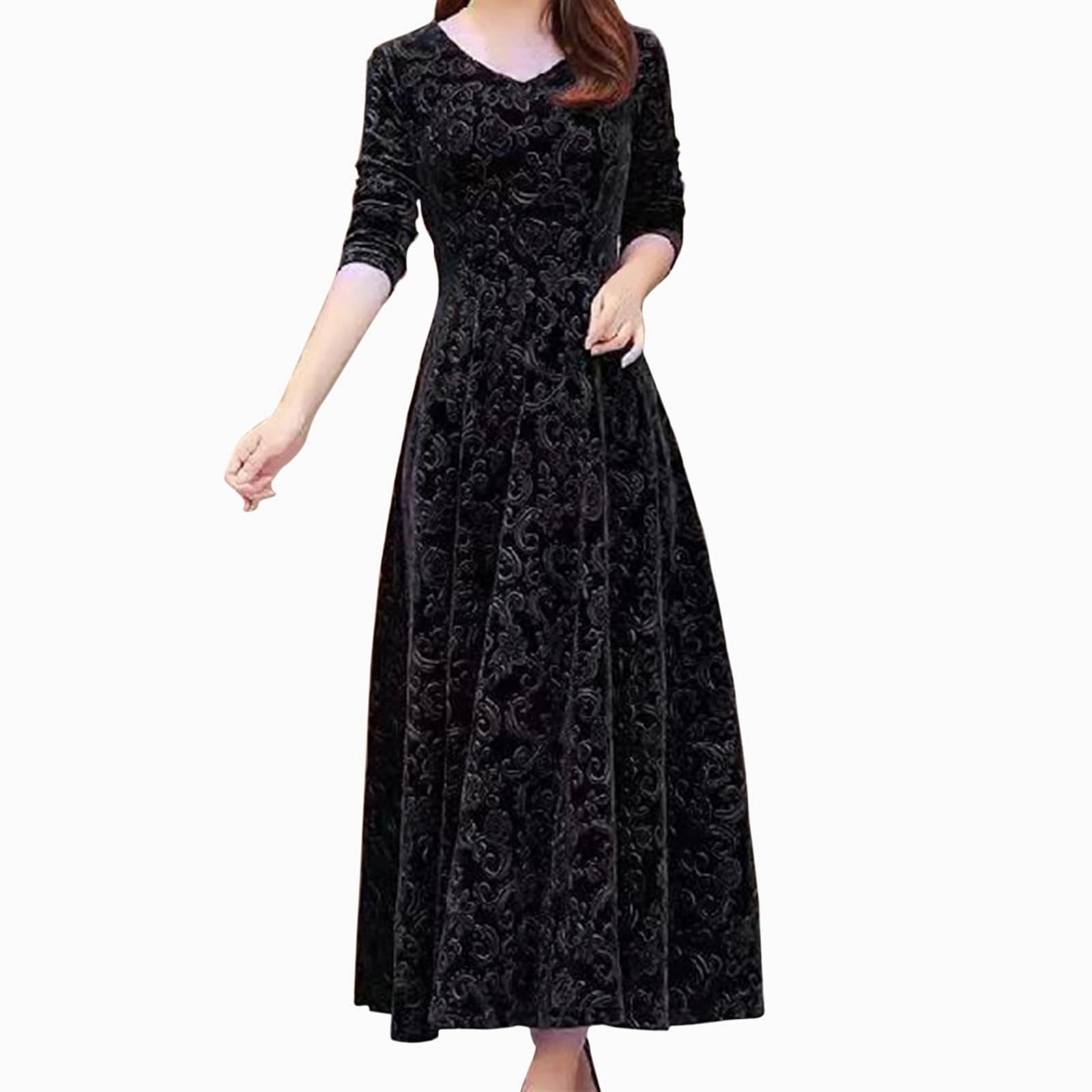 ADHOWBEW Women's Velvet Maxi Dress - Long Sleeve, V-Neck Formal Prom Gown (Elegant & Flowy)