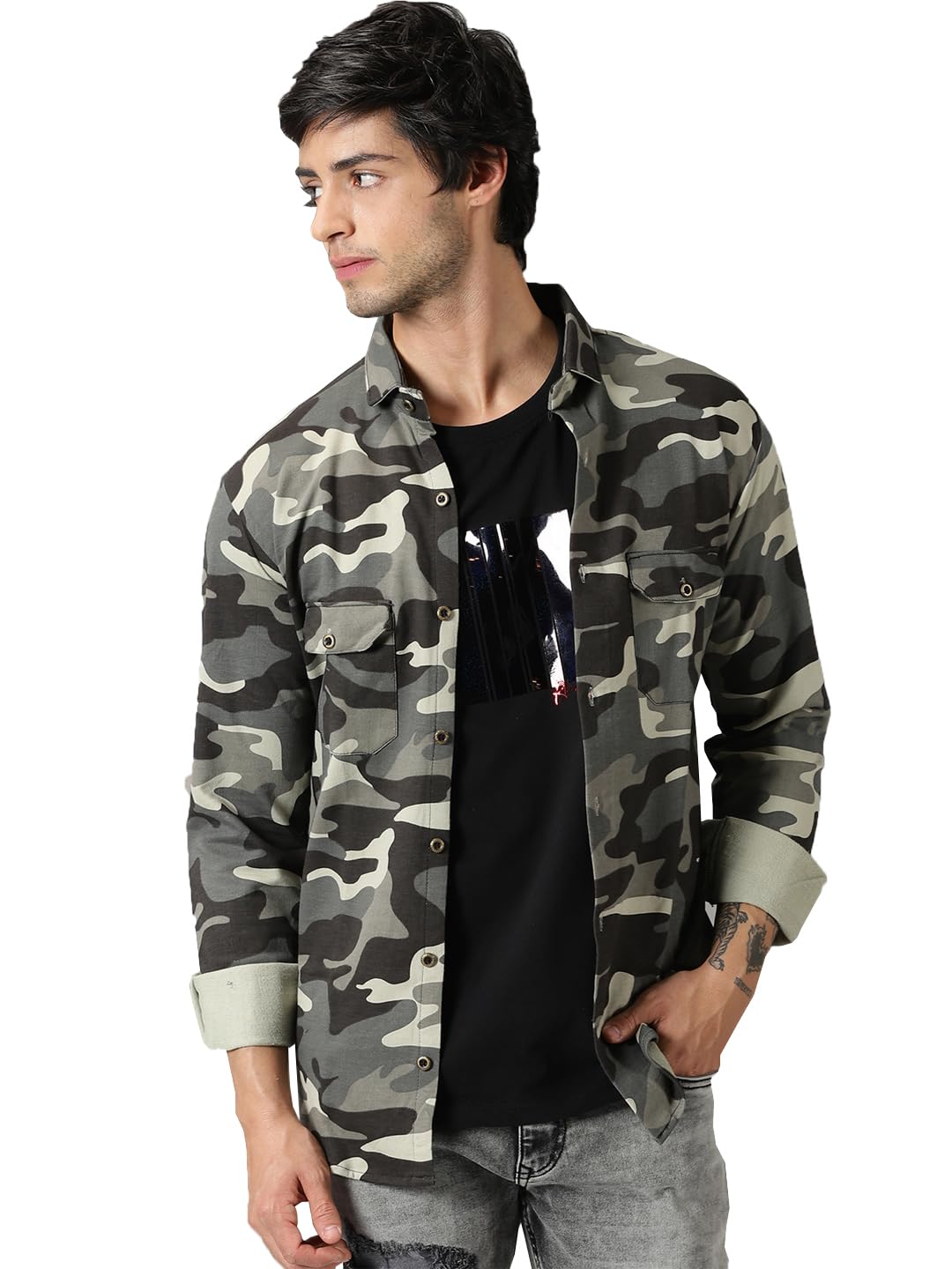 RodZenMen's Cotton Camouflage Army Military Print Regular Fit Full Sleeves Casual Shirt