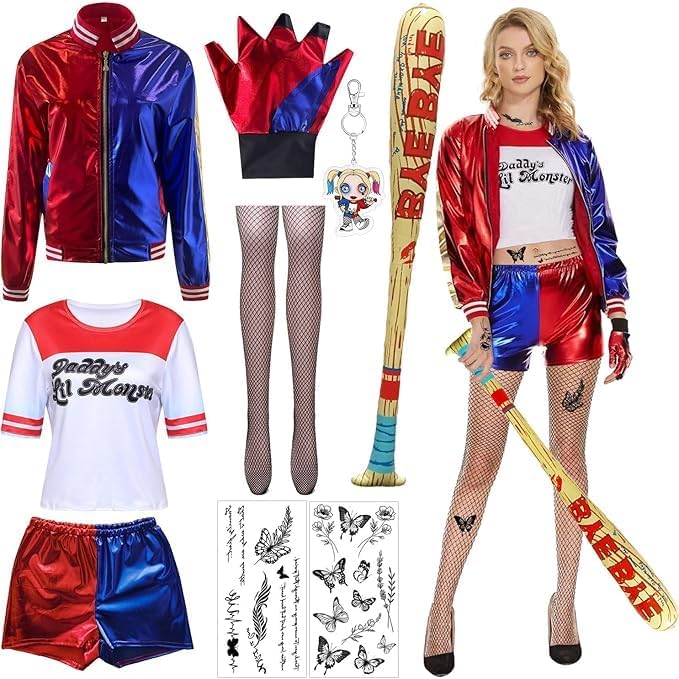 Quinn Kostüm Damen,Quinn Kostüme für Erwachsene Mädchen,Mädchen Bösewicht Kostüm Kit Enthalten Jacke T-Shirt,Gruselig Vollkopf Skelett Maske...