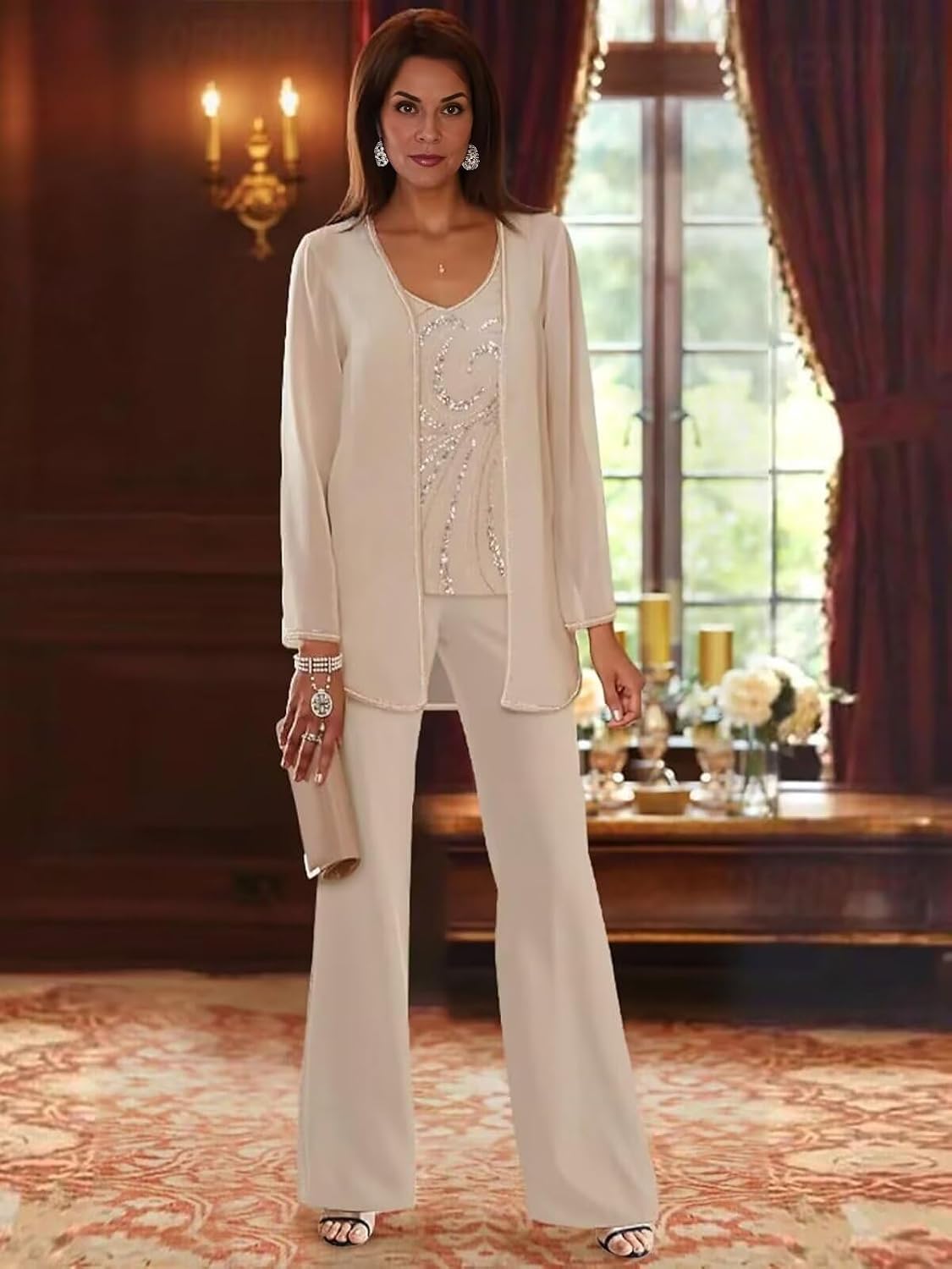 3 Pieces Mother of The Bride Pant Suits for Women Dressy Sequin Chiffon Formal Dresses Long Pantsuits for Wedding