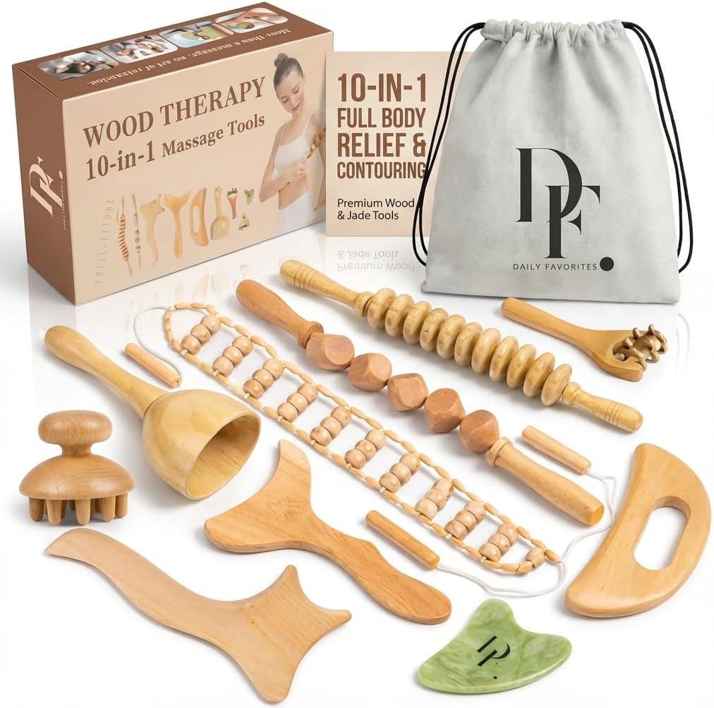 10-in-1 Wood Therapy Massage Tools – Lymphatic Drainage Tools with Gua Sha Stone for Muscle Pain Relief – Maderoterapia Kit Professional for Body Sculpting
