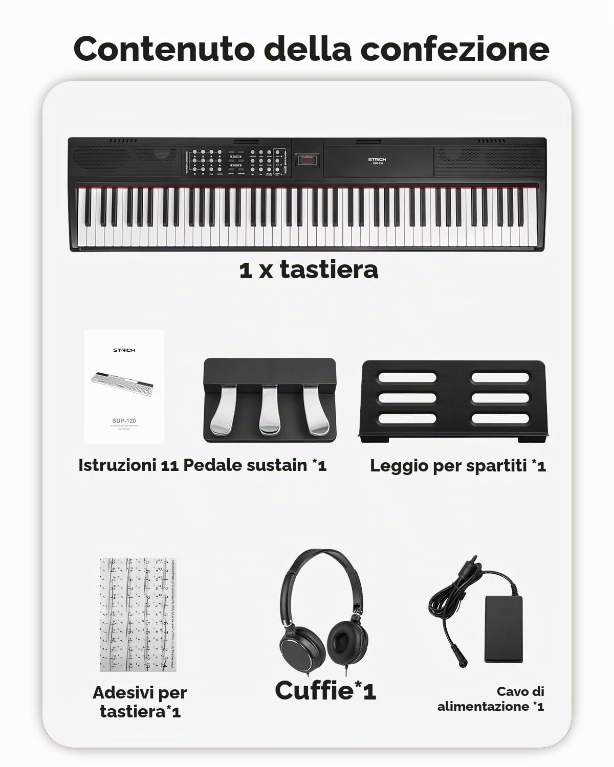 STRICH E-Piano - Pianoforte a 88 tasti, con pedale Sustain, meccanismo a martello, 2 x 15 W, altoparlante integrato, piano elettronico completo con connessione USB MIDI/wireless, SDP-120