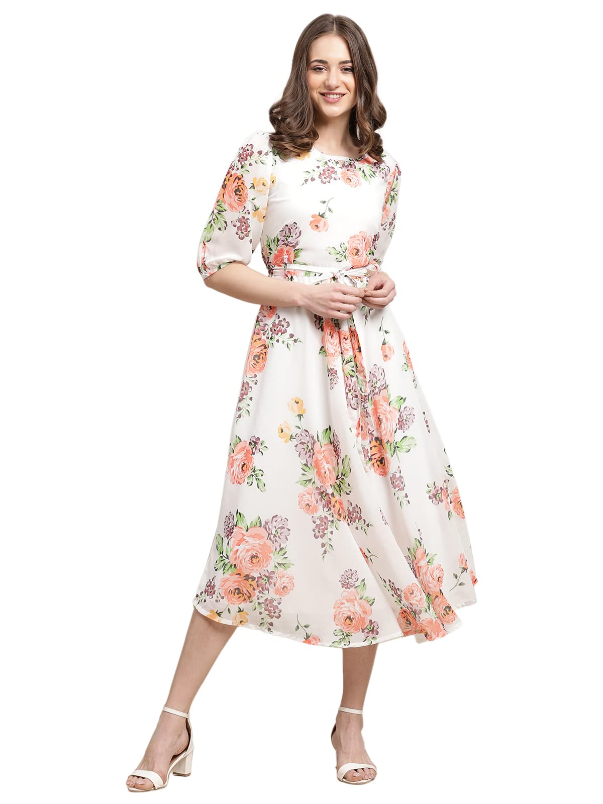 Preneum Women's Georgette Maxi Fit & Flare, Regular Sleeves, Long Gown Style, Casual Wear (In, Alpha, M, Plus, Off White)