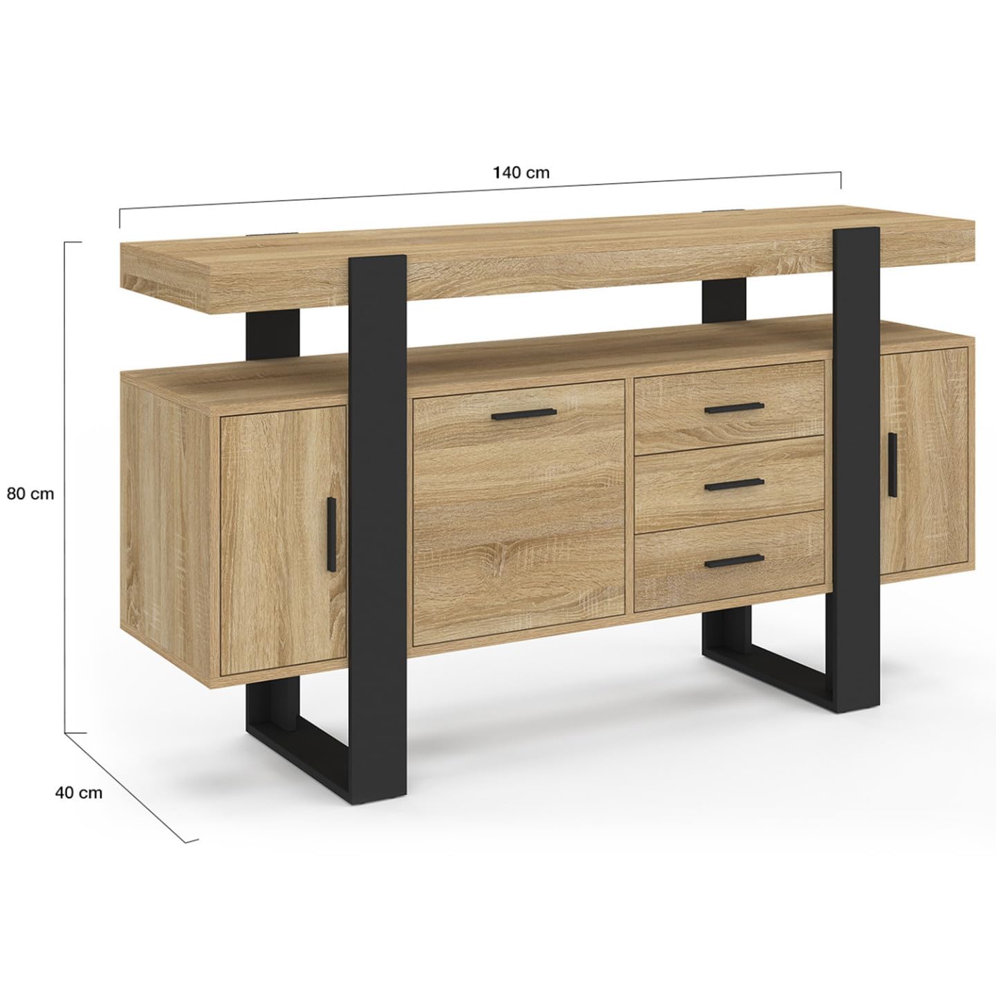 IDMarket - Aparador PHOENIX 140 cm con 3 puertas y 3 cajones en madera y negro